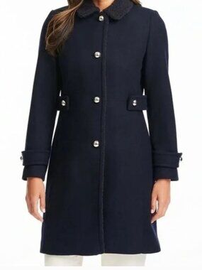 Kate Spade Sherpa Trimmed Wool Coat - Navy - Size Small - S